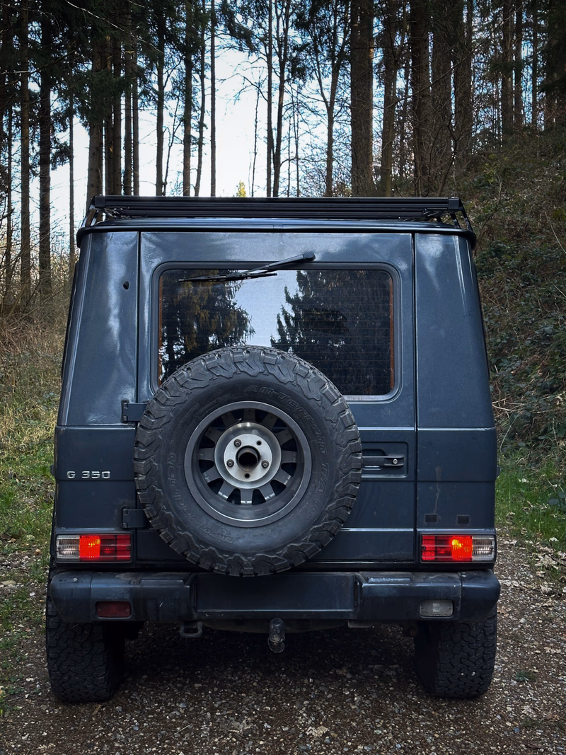 Mercedes G350 rear with Walger Works roof rack, spare tire